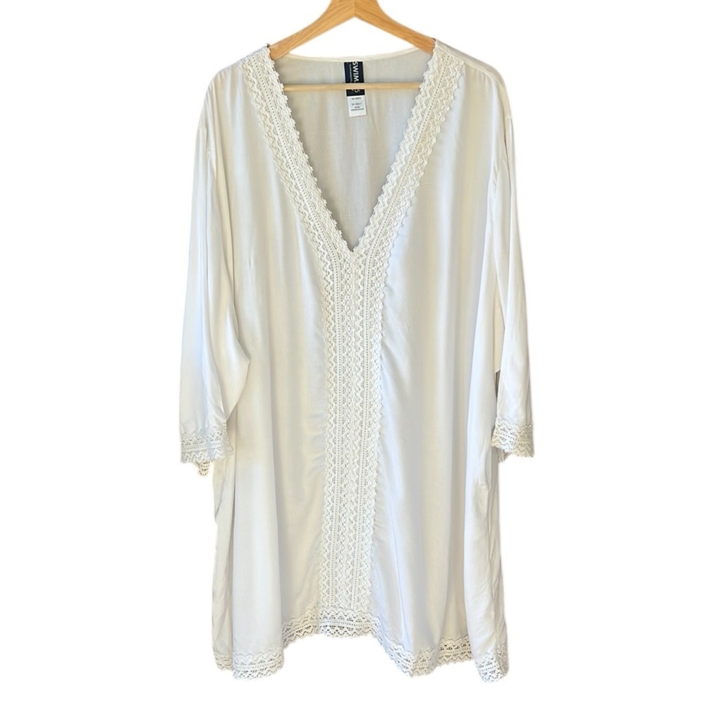 Swimsuits for All New w Tag 34/36 White V Neck Midi Length Swim Coverup Dress